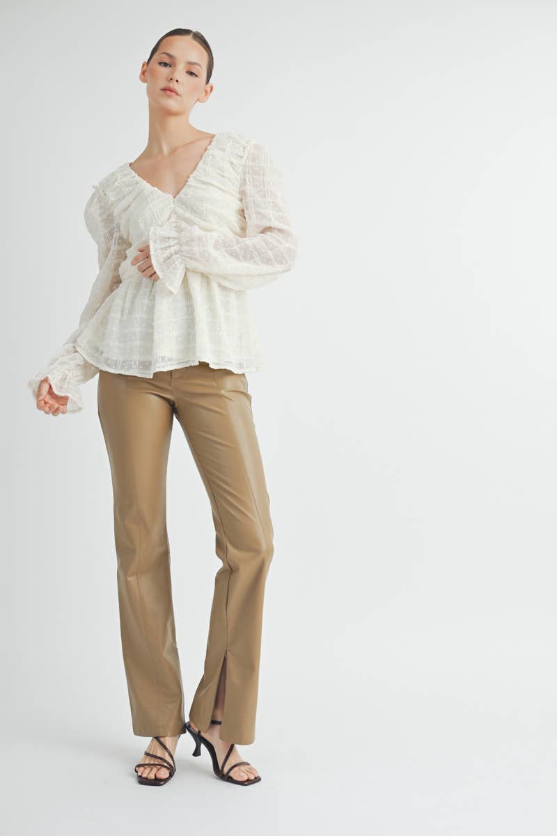 Sheer Textured V-Neck Blouse with Back Ribbon Bow