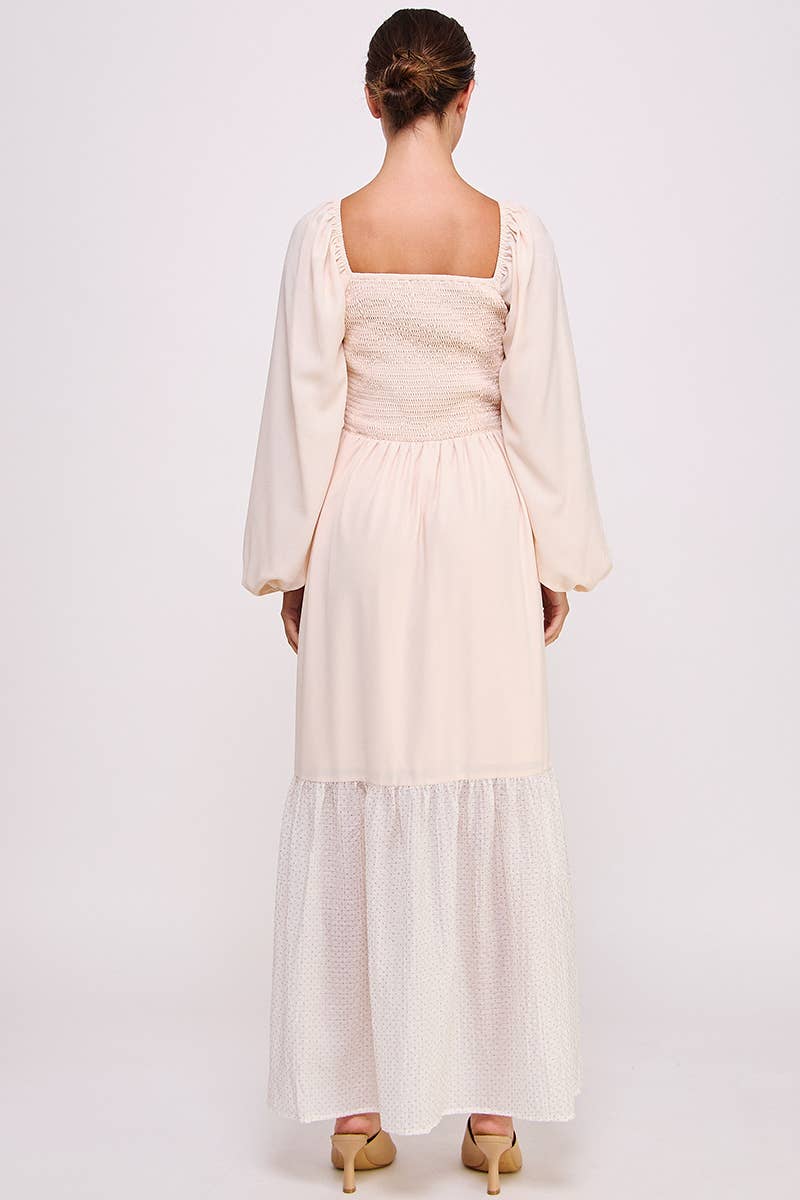 Blush Smocked Long Sleeve Maxi Dress with Shimmer Hem