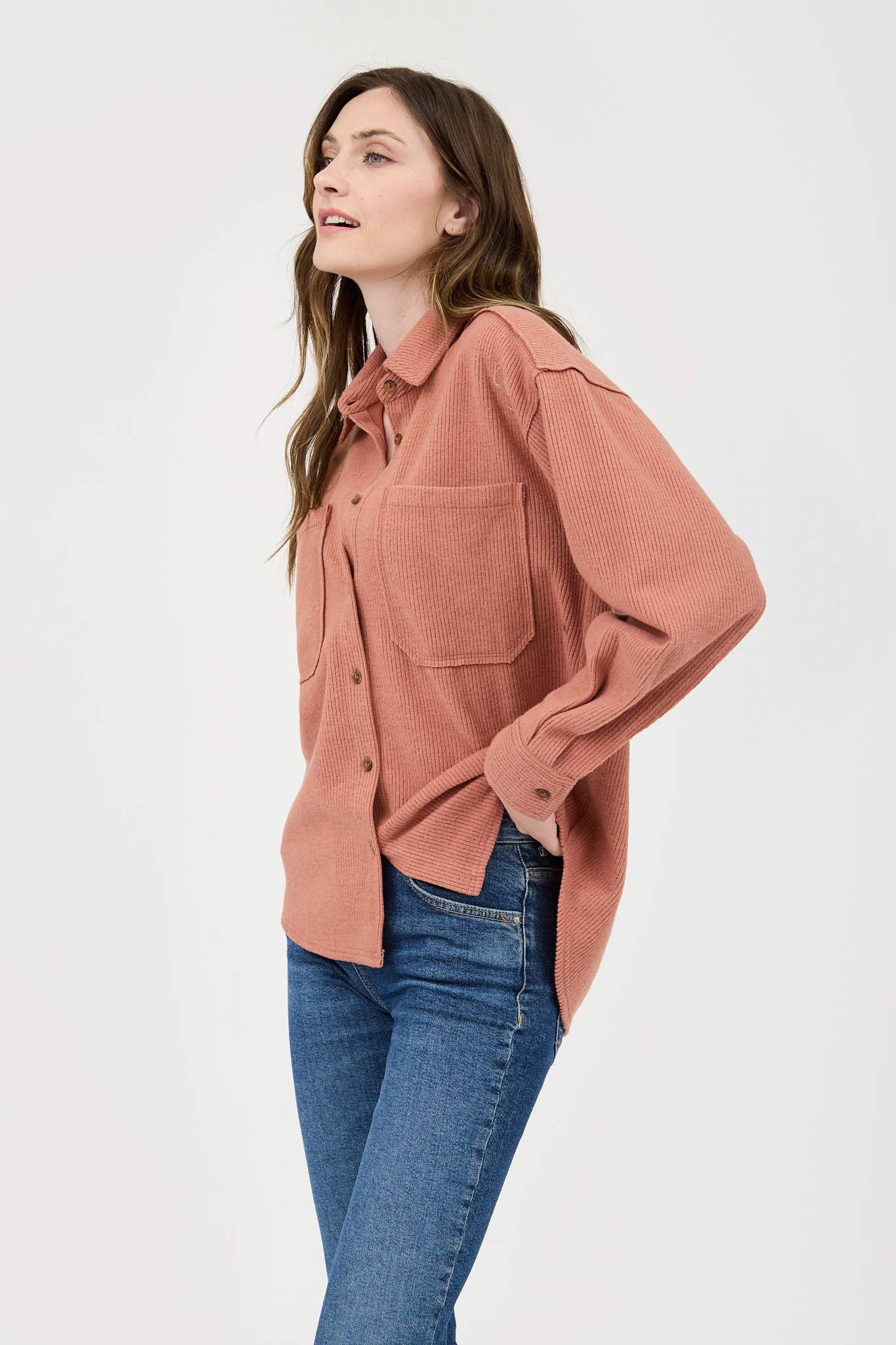 Blu Pepper Rib Knit Button-Up Top with Exposed Seams