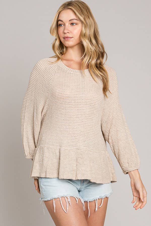 Peplum Soft Waffle Knit Top with Bracelet Sleeves