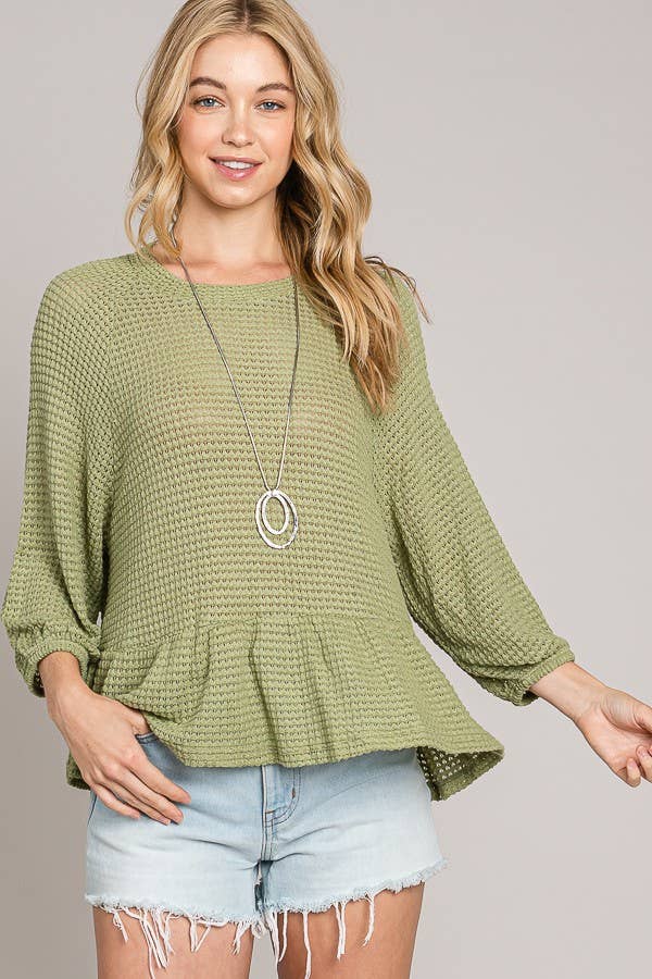 Peplum Soft Waffle Knit Top with Bracelet Sleeves