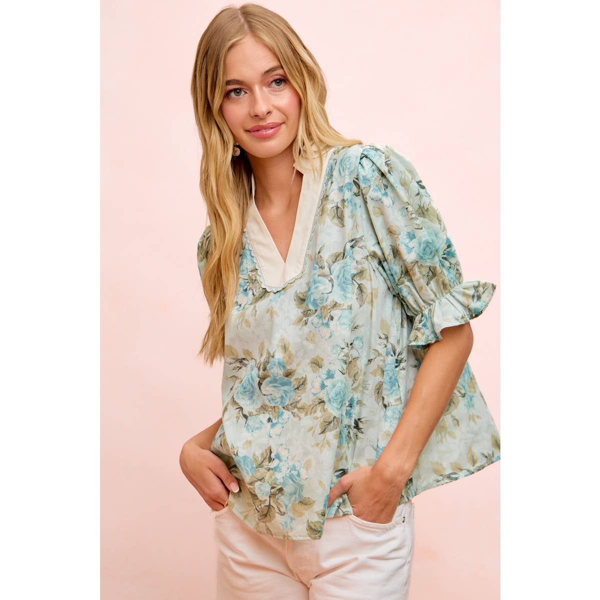 Bibi Rose Puff Sleeve V Neck Blouse