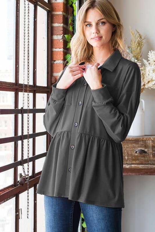 Heimish Button Down Shacket with Shirring