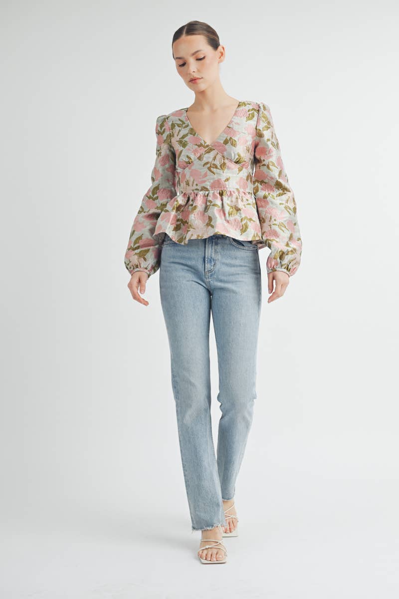 Floral Jacquard Peplum Blouse