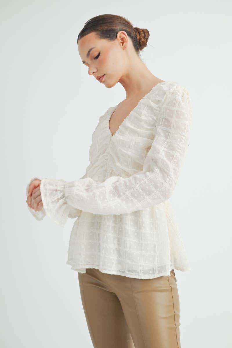 Sheer Textured V-Neck Blouse with Back Ribbon Bow
