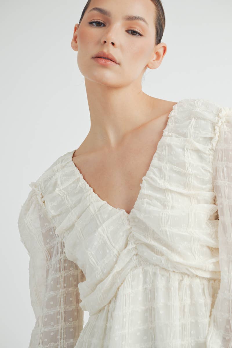 Sheer Textured V-Neck Blouse with Back Ribbon Bow