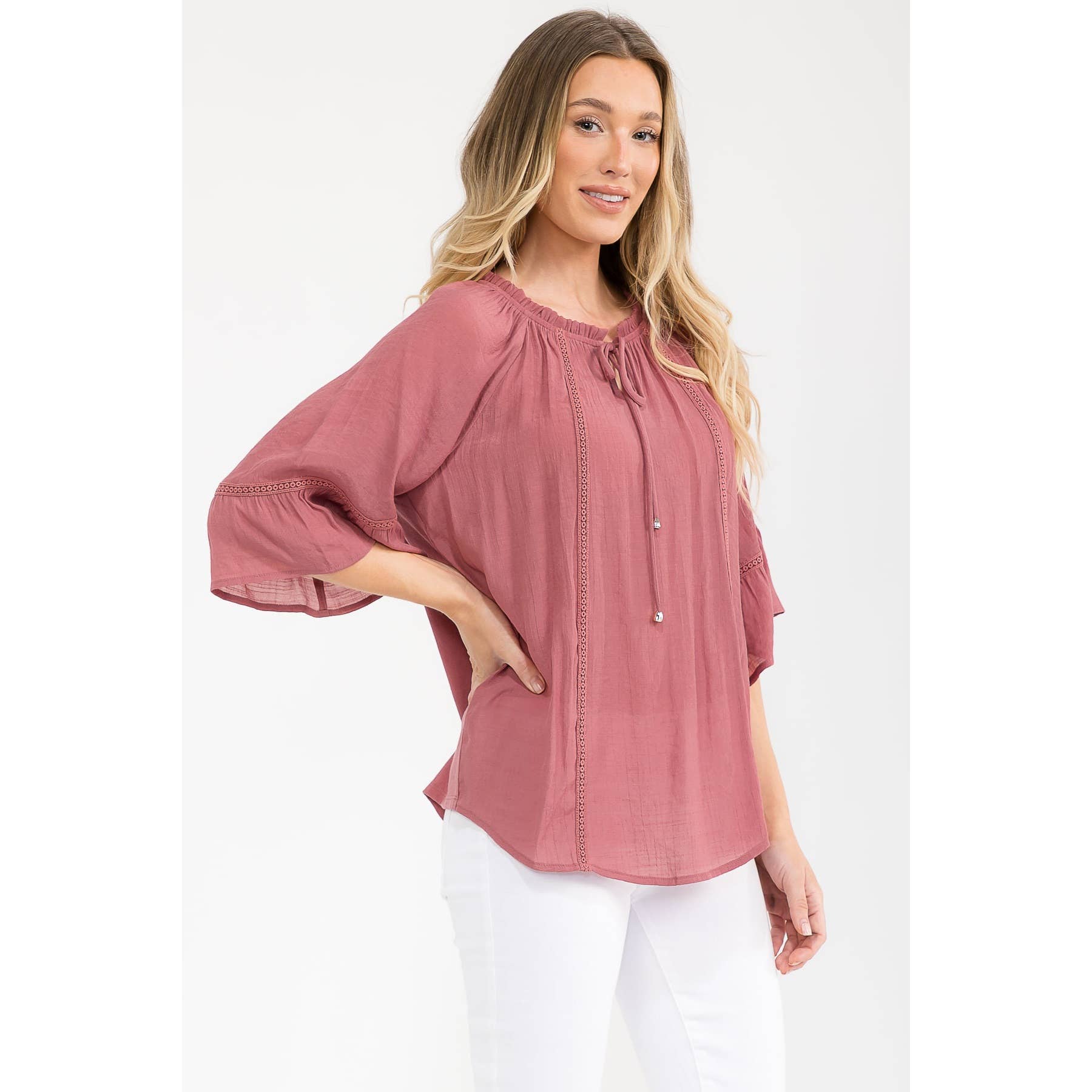 Crochet-Trim Bell-Sleeve Peasant Top