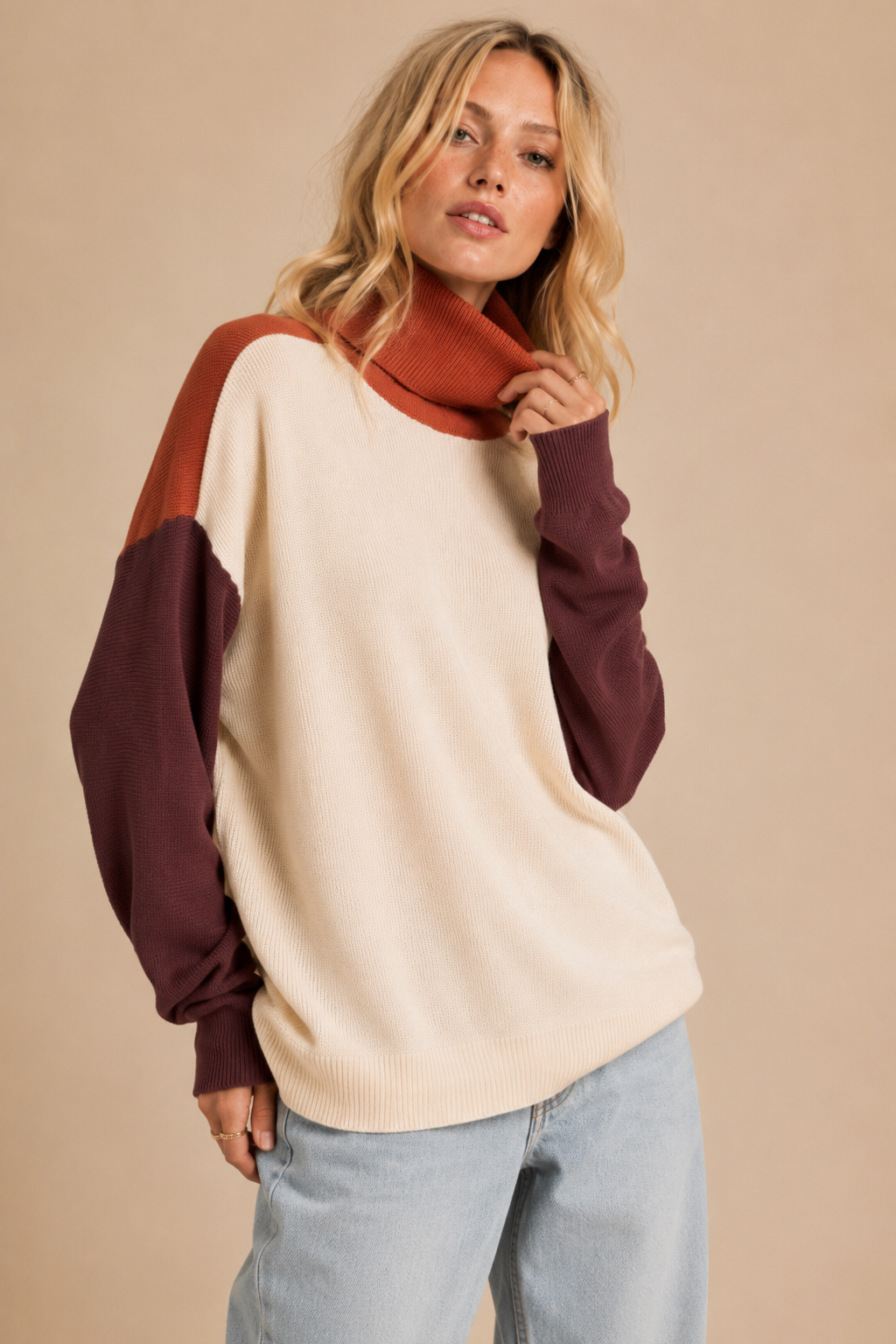 Colorblock Turtleneck Knit Sweater
