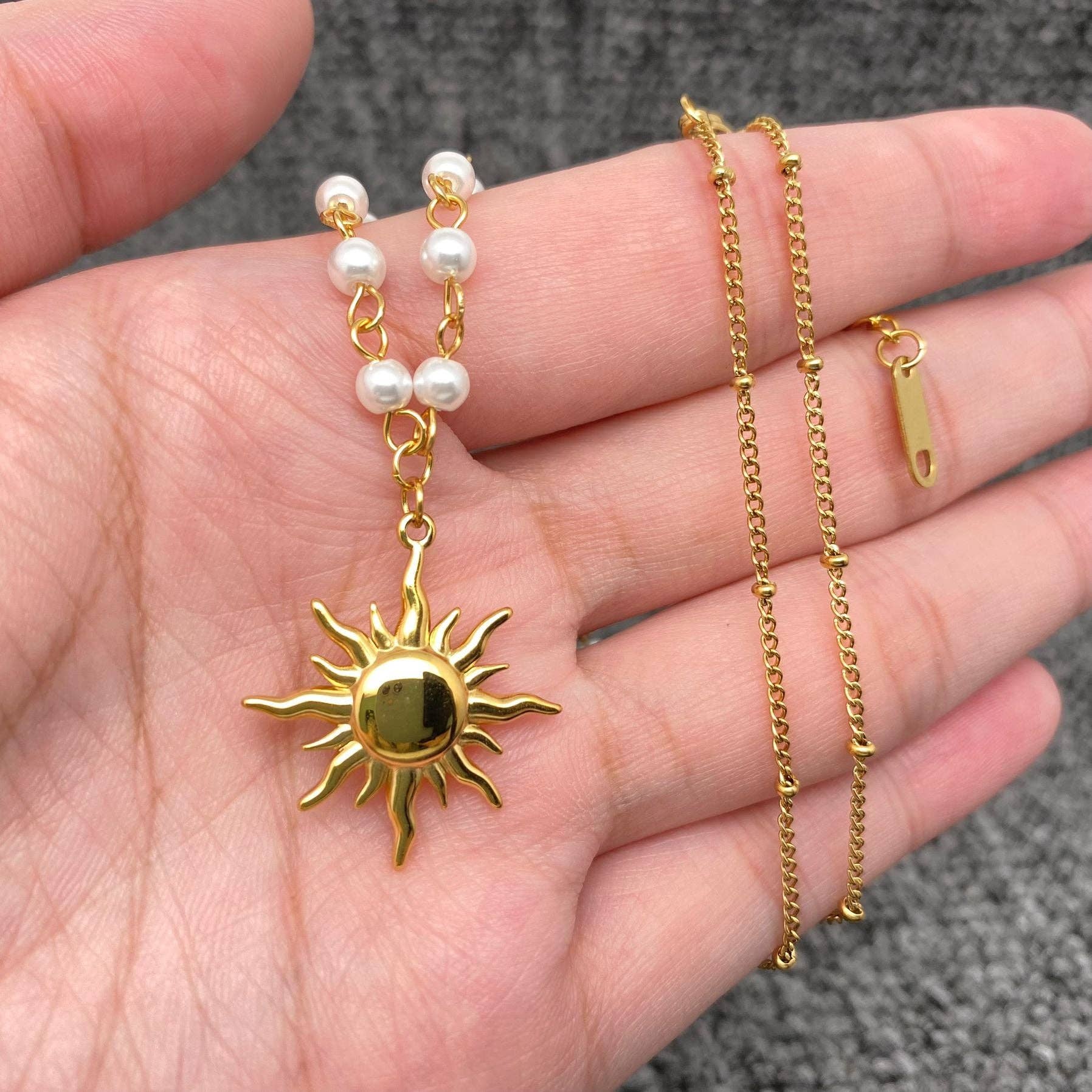 Sun Charm Pearl Chain 18K Gold Plated Necklace