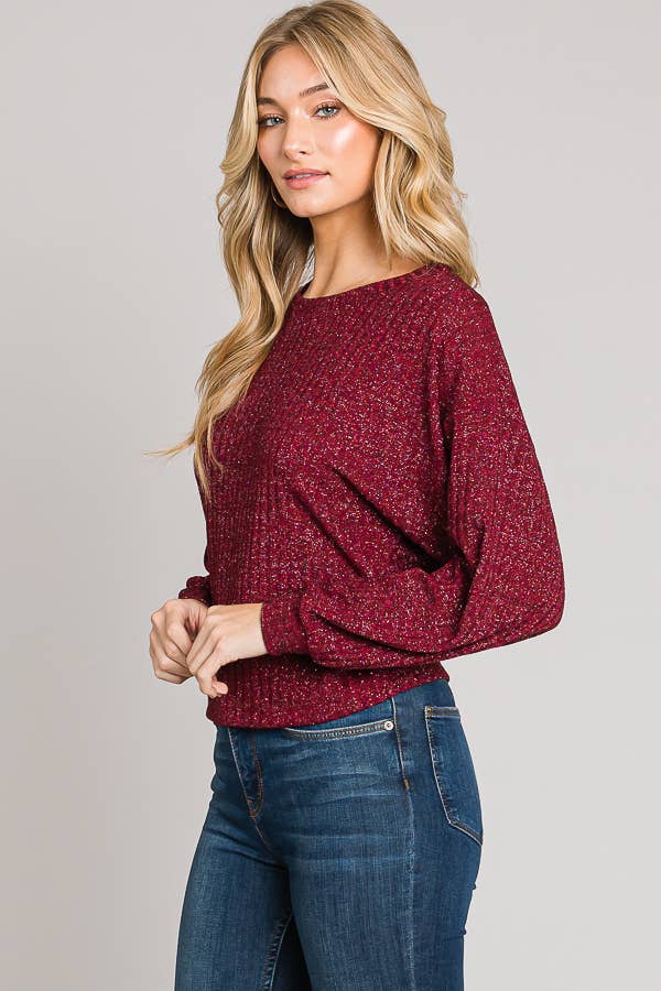 Boxy Long Sleeve Shimmer Lurex Rib Knit Crop Sweater