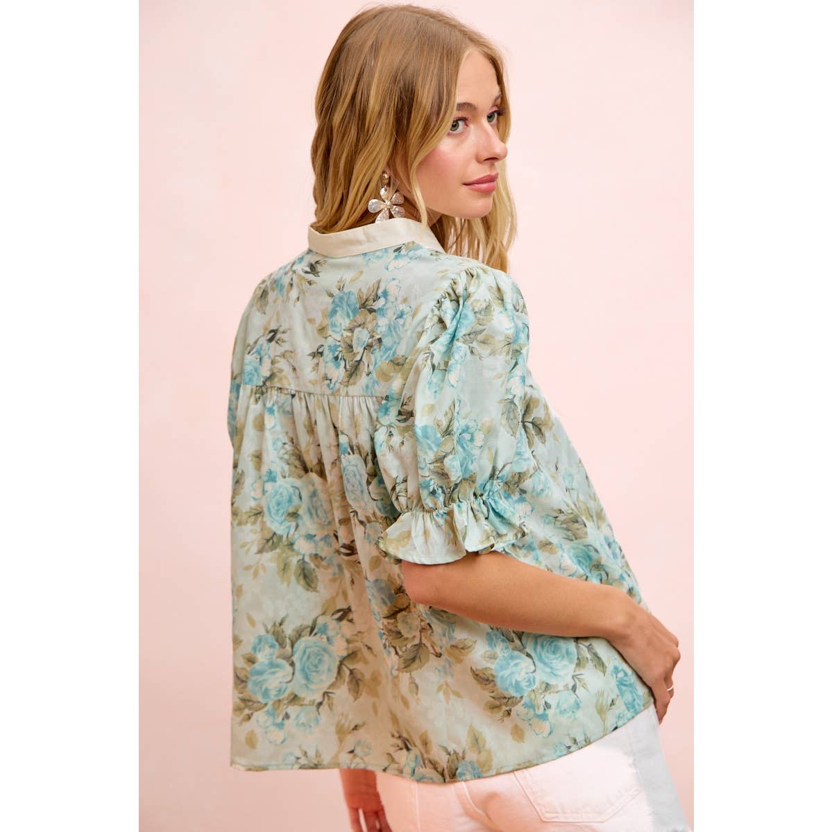 Bibi Rose Puff Sleeve V Neck Blouse