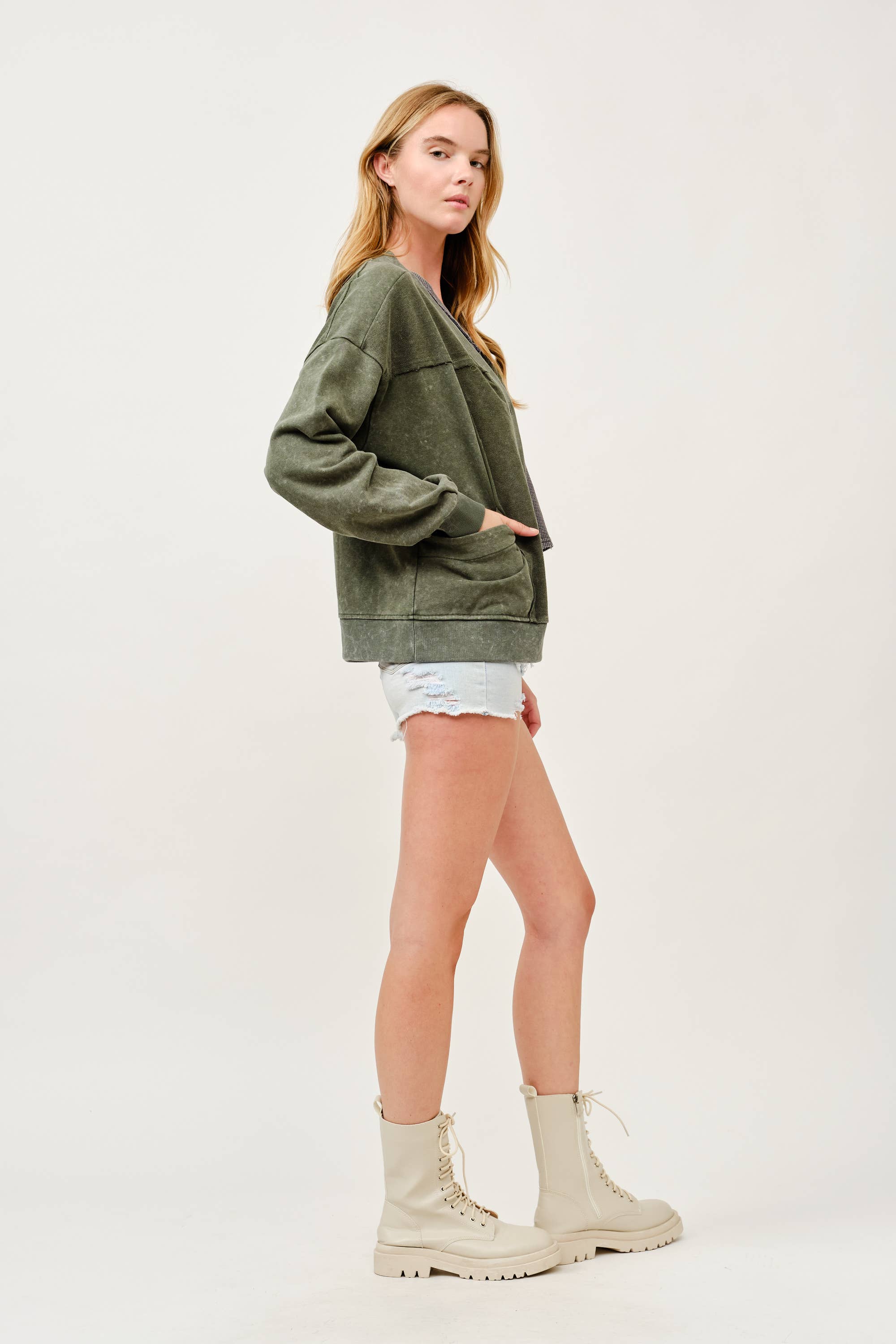 Washed Button-Front Cardigan Jacket with Pockets