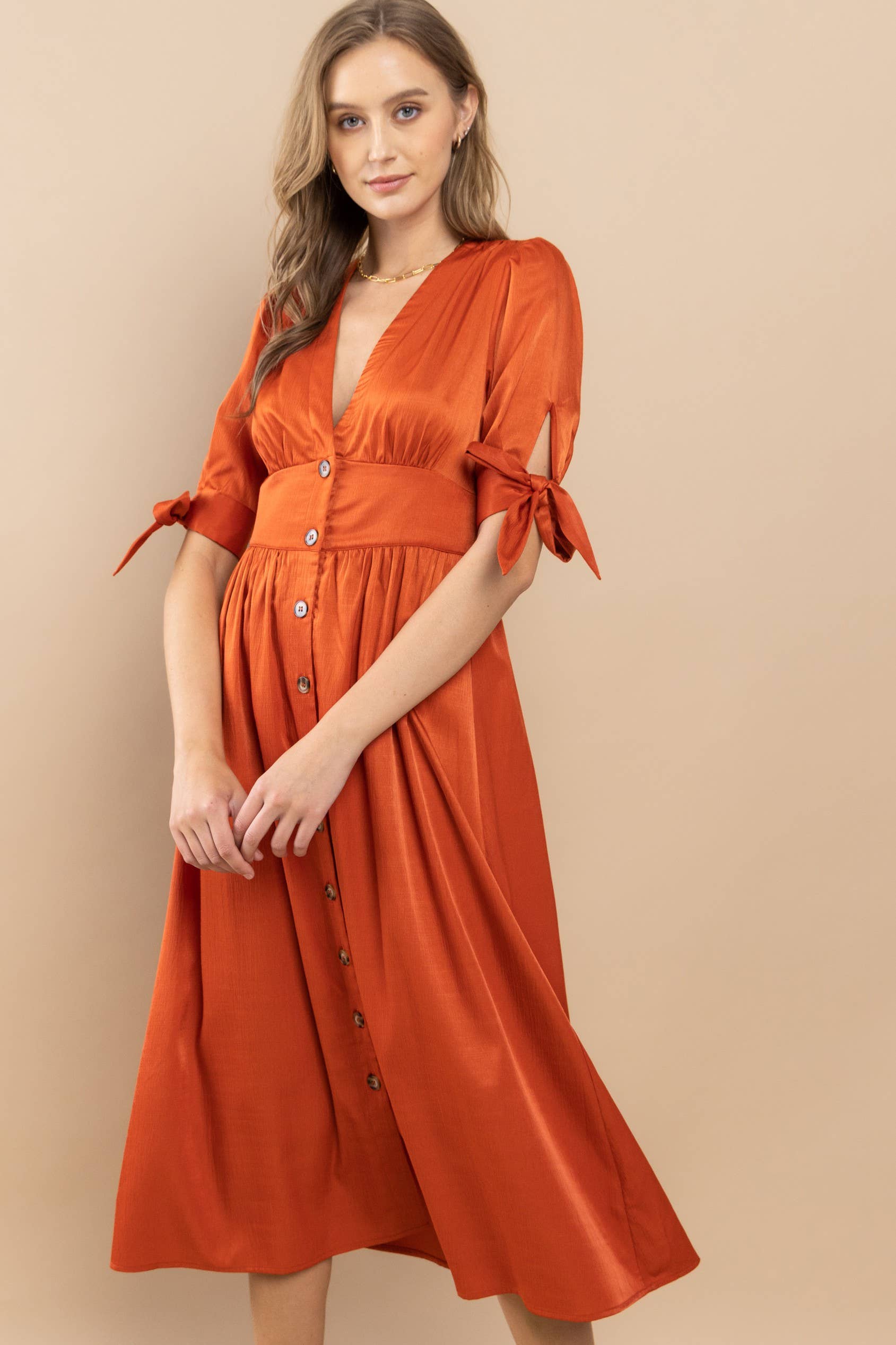 Button-Front Midi Dress with Tie Sleeves