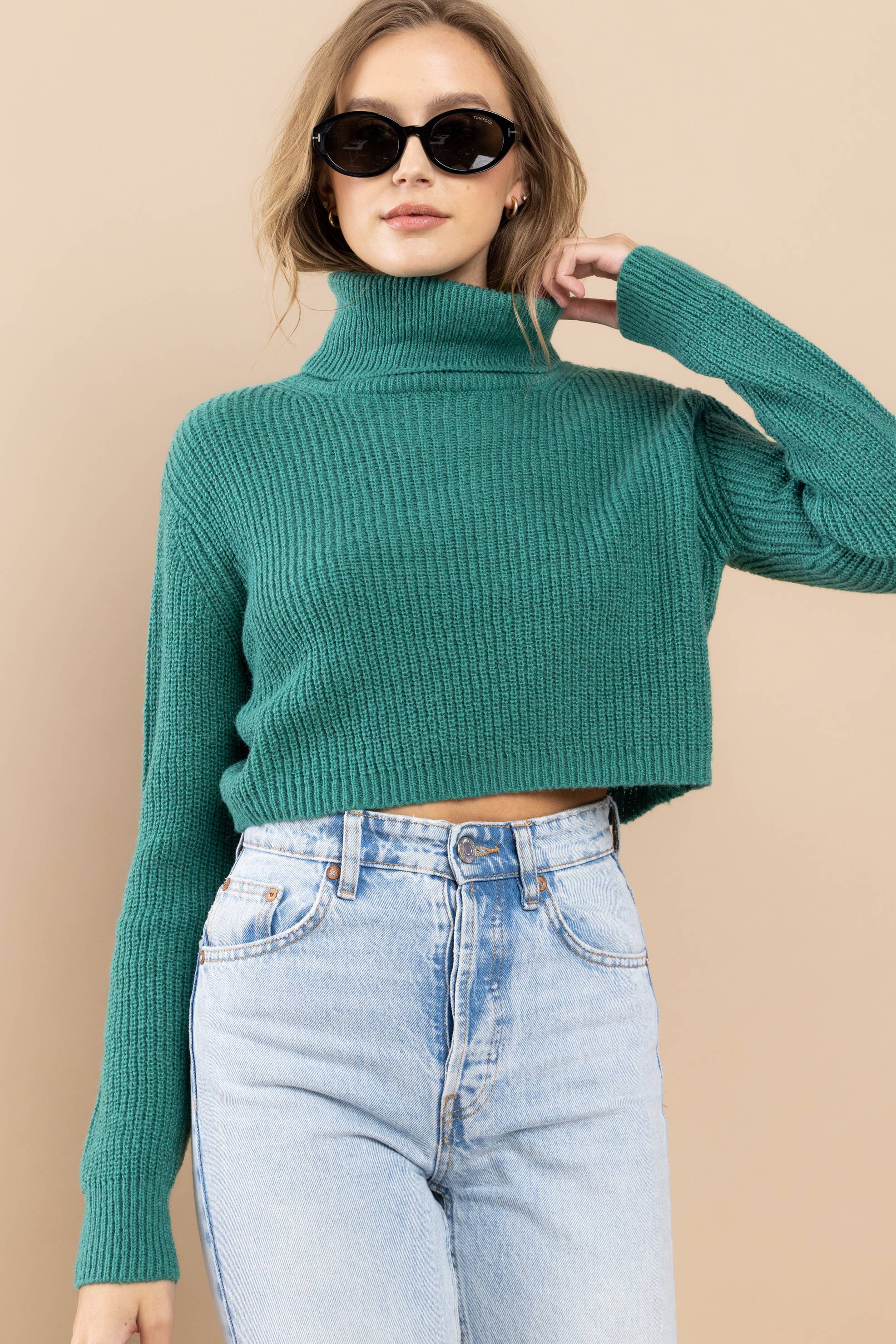 Cropped Mock Neck Knit Sweater