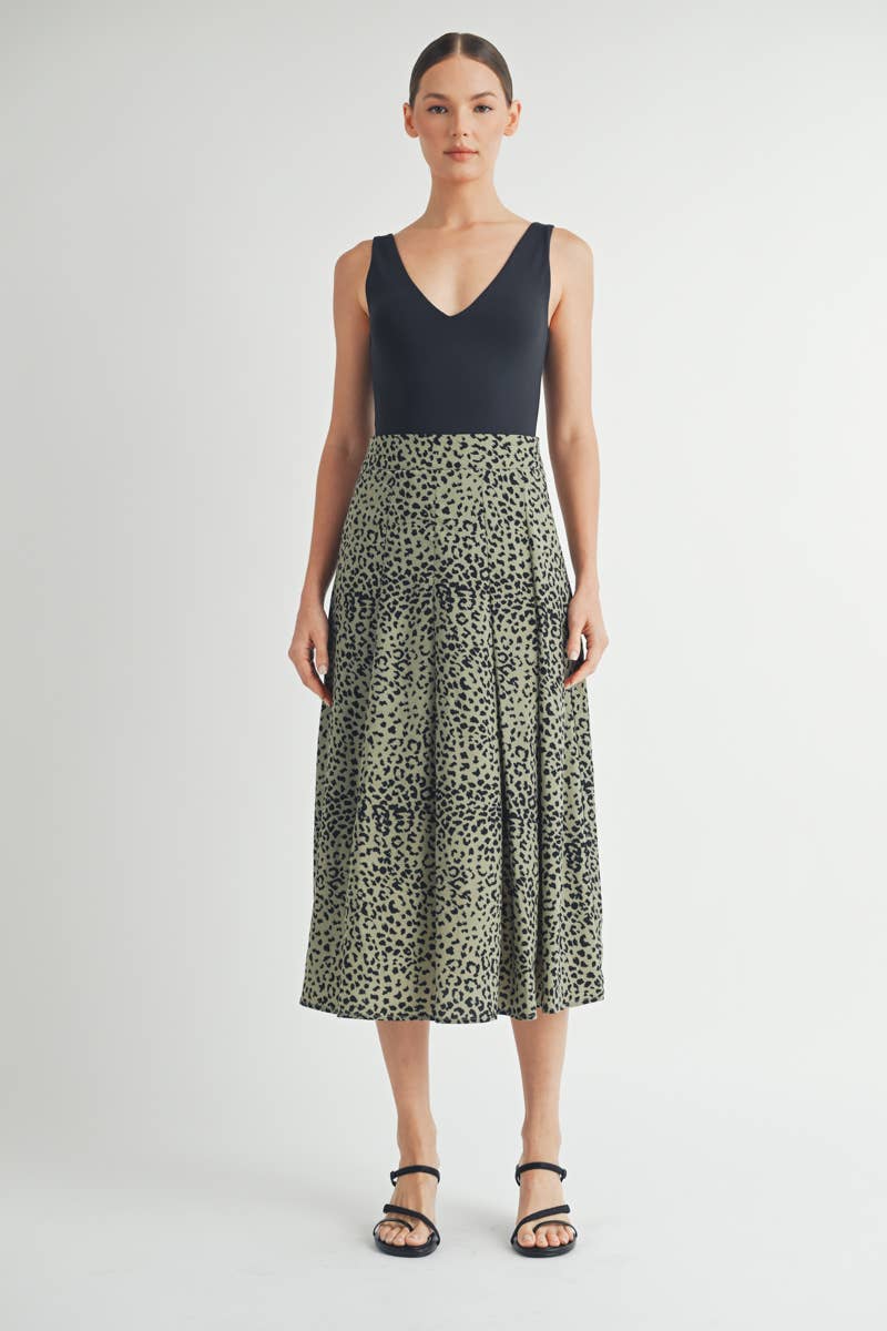 Olive Leopard Print Tiered Midi Skirt