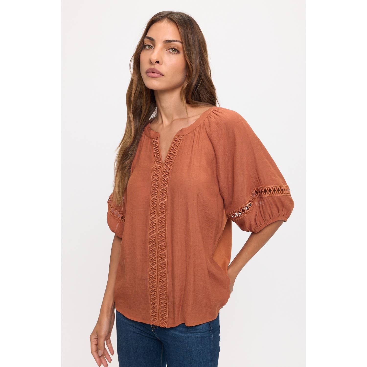 Mandarine Split Neck Peasant Top