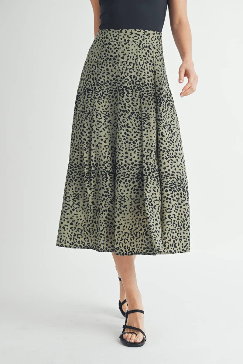 Olive Leopard Print Tiered Midi Skirt