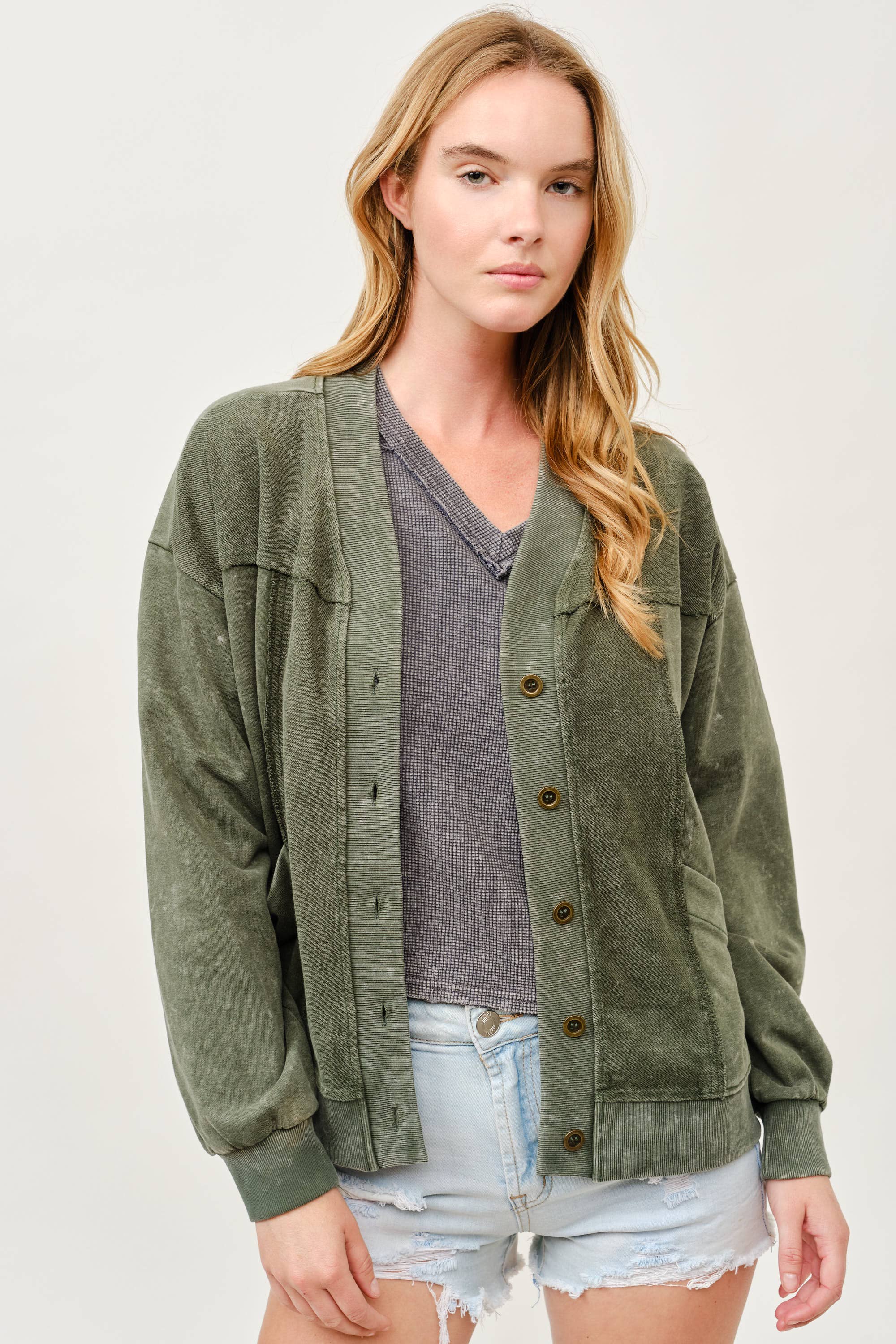 Washed Button-Front Cardigan Jacket with Pockets
