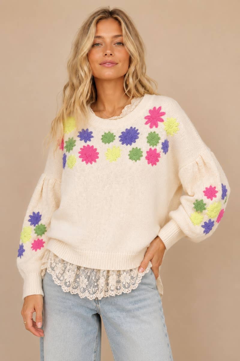 Floral Embroidered Round Neck Sweater Top