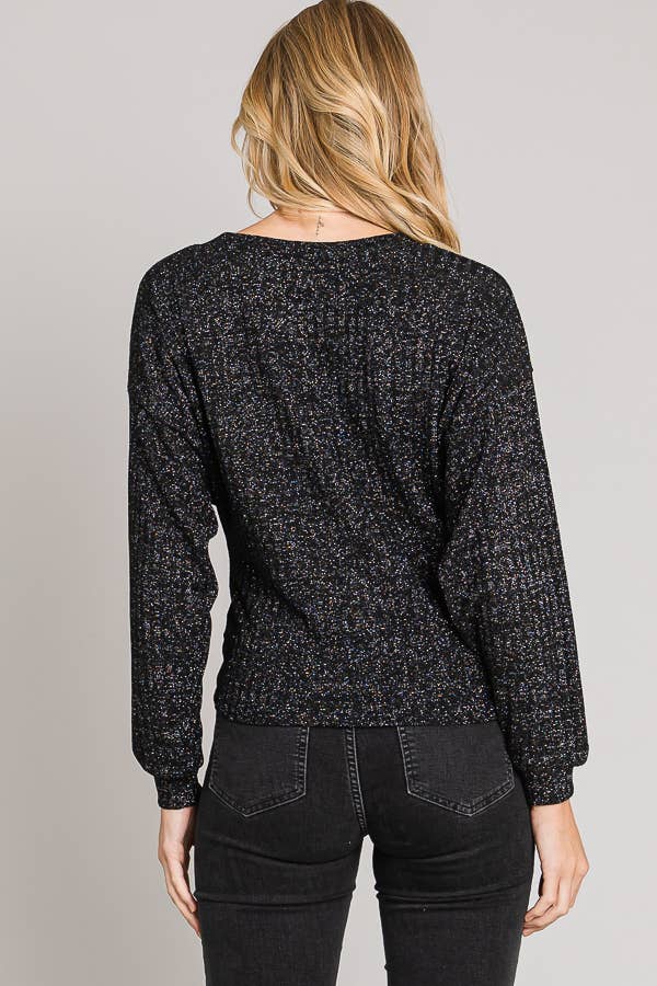 Boxy Long Sleeve Shimmer Lurex Rib Knit Crop Sweater