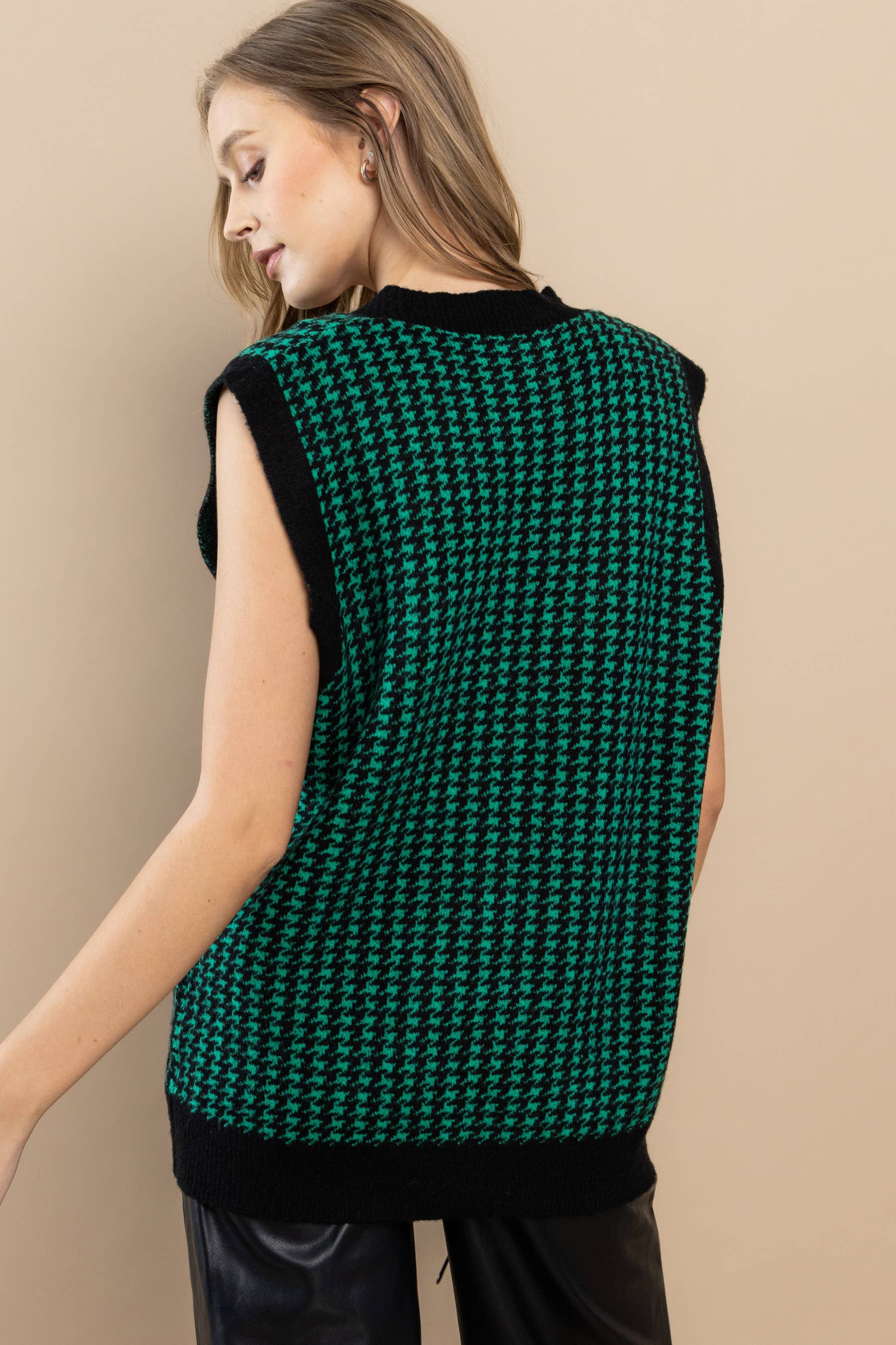 Button Front Sweater Vest with Houndstooth Pattern