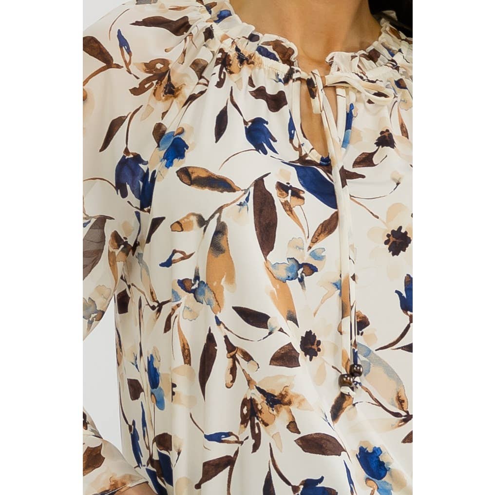 Floral Bell Sleeve with Tie Detail Peasant Top