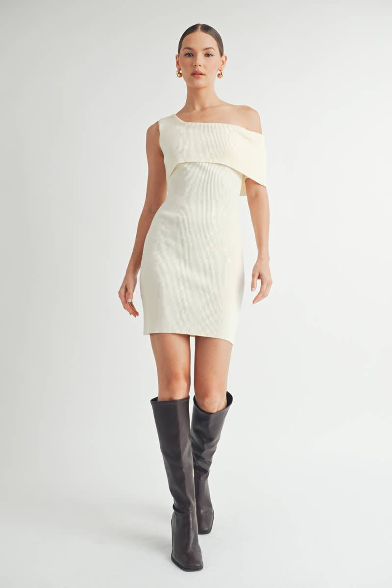 One Shoulder Ribbed Sweater Dress