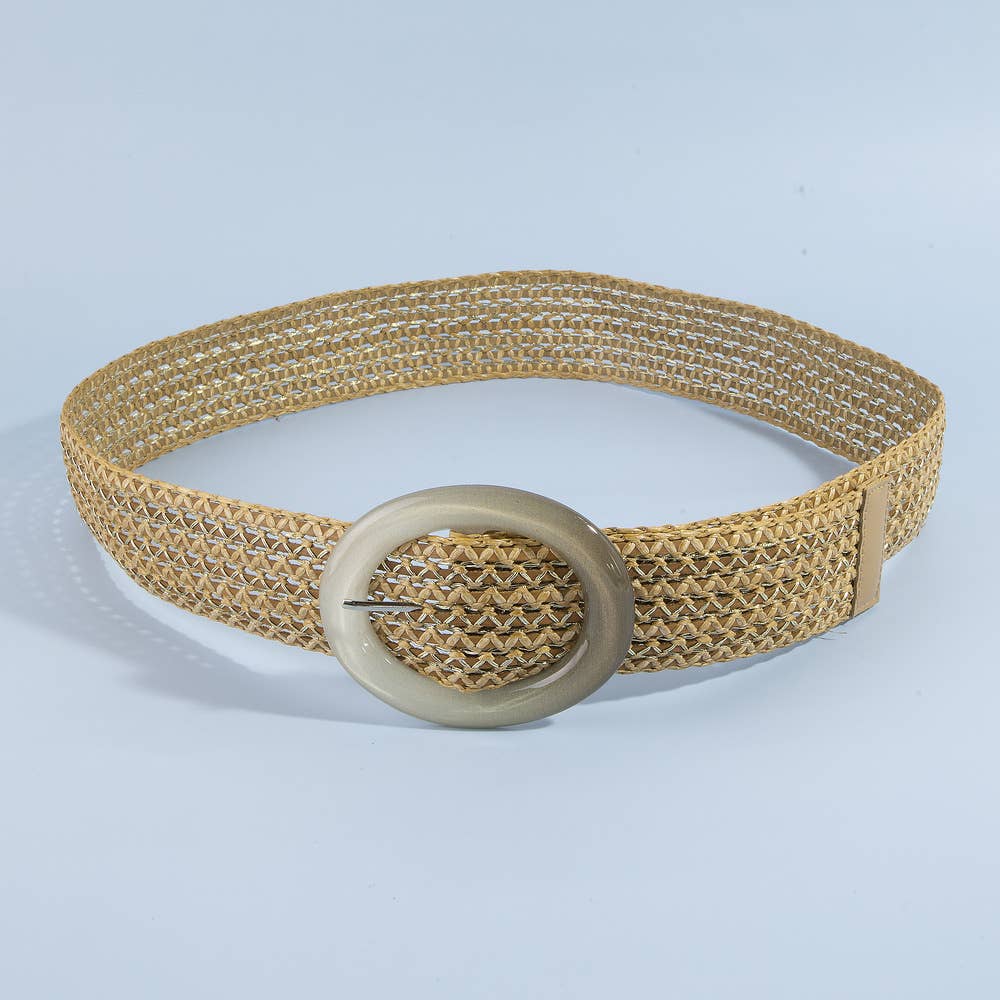 Wide Woven Straw Belt with Resin Buckle
