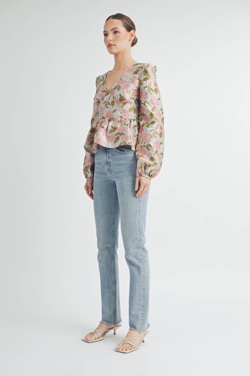 Floral Jacquard Peplum Blouse