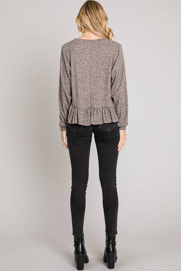 Ruffle Hem Brushed Rib Knit Long Sleeve Sweater