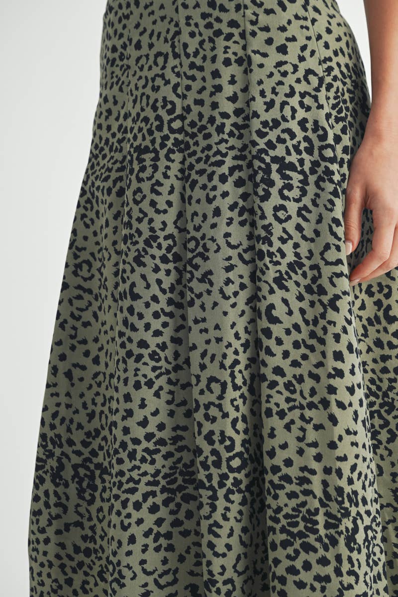 Olive Leopard Print Tiered Midi Skirt