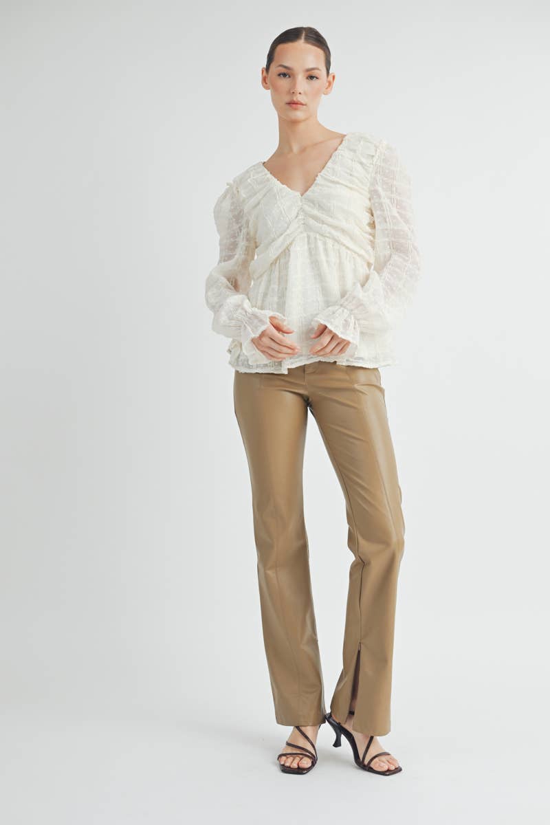 Sheer Textured V-Neck Blouse with Back Ribbon Bow