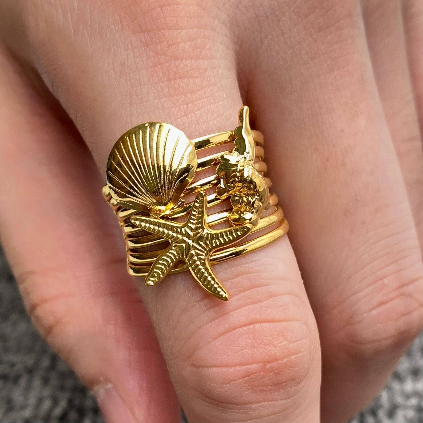 Conch Shell Starfish 18K Gold Plated Ring