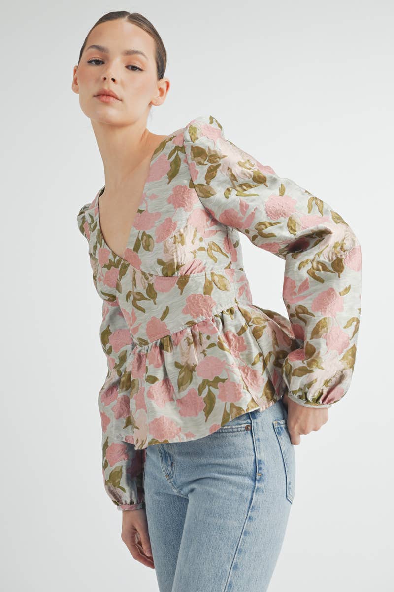 Floral Jacquard Peplum Blouse