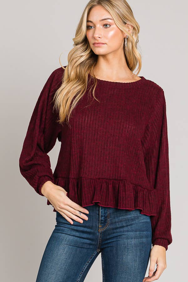 Ruffle Hem Brushed Rib Knit Long Sleeve Sweater