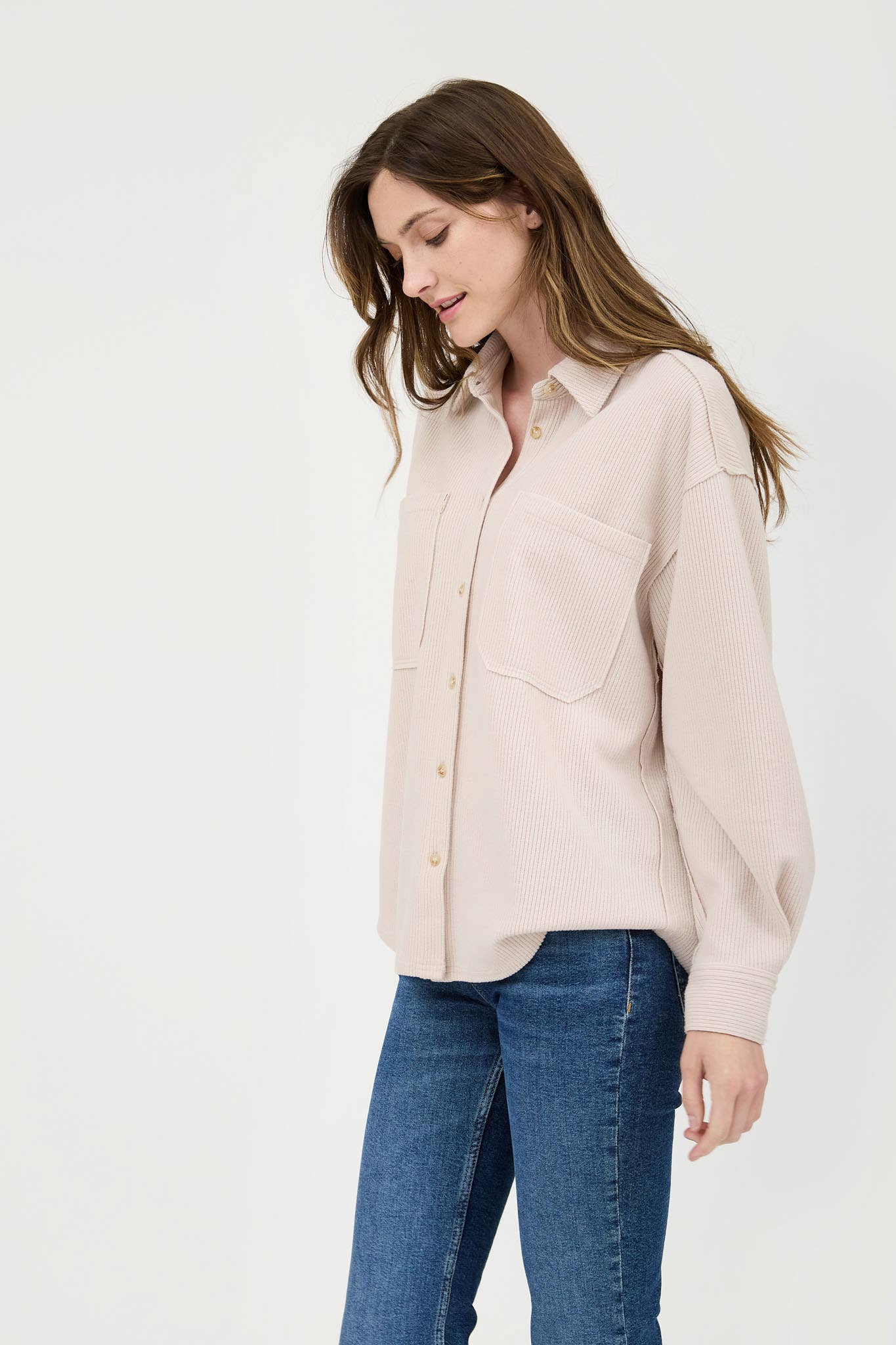 Blu Pepper Rib Knit Button-Up Top with Exposed Seams