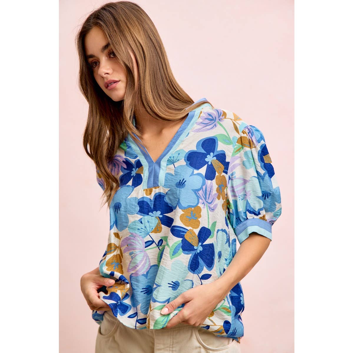 Bibi Woven Puff Sleeve Blouse with Contrast Trim