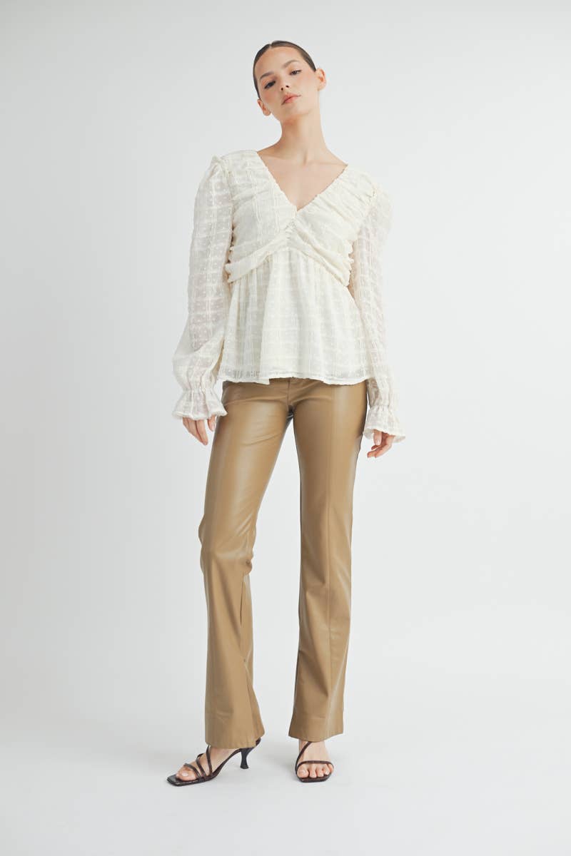 Sheer Textured V-Neck Blouse with Back Ribbon Bow