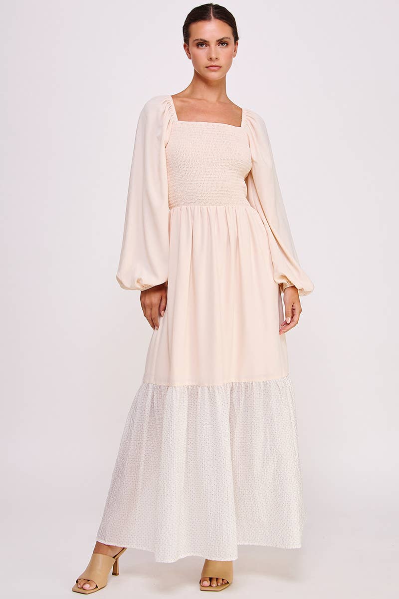 Blush Smocked Long Sleeve Maxi Dress with Shimmer Hem