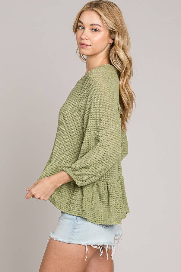 Peplum Soft Waffle Knit Top with Bracelet Sleeves