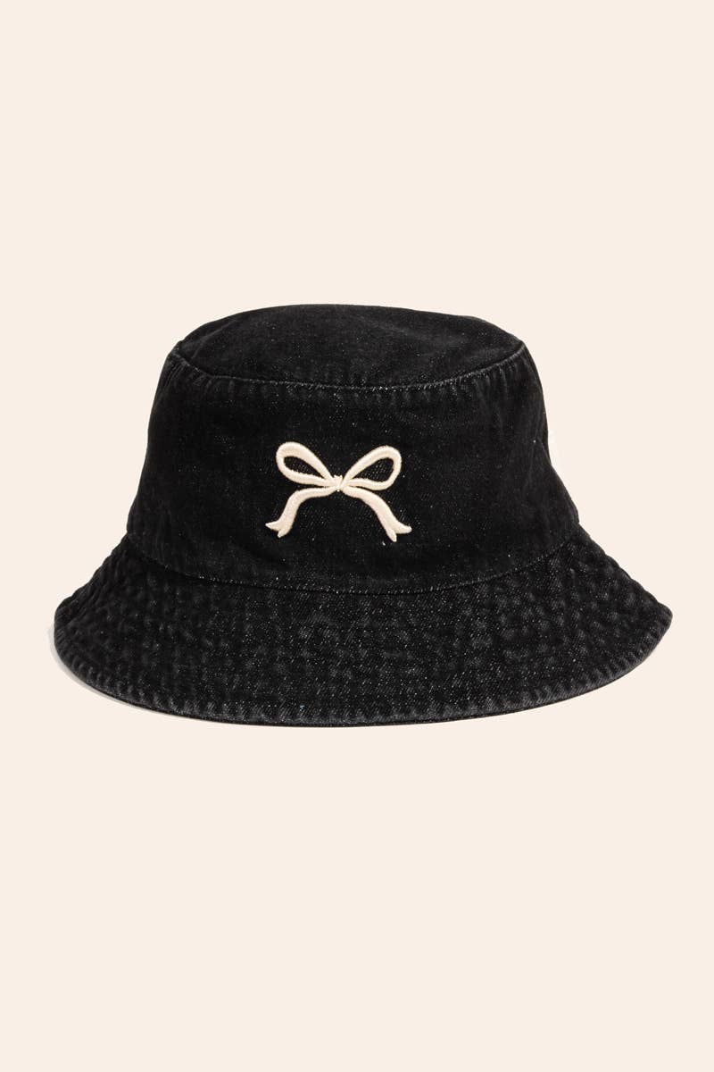 Embroidered Bow Denim Bucket Hat