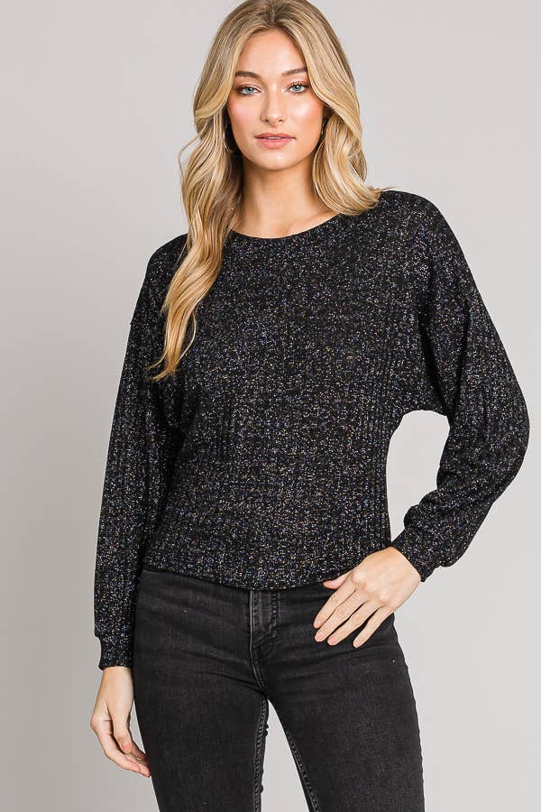 Boxy Long Sleeve Shimmer Lurex Rib Knit Crop Sweater