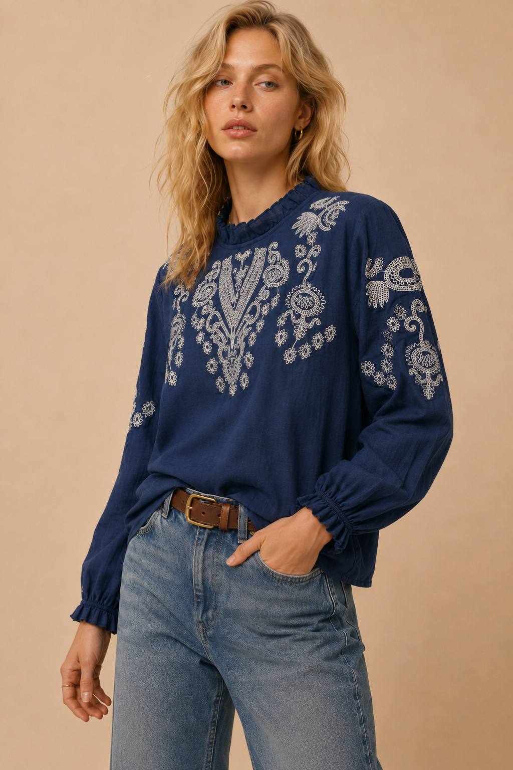 Navy Embroidered Long-Sleeve Boho Blouse