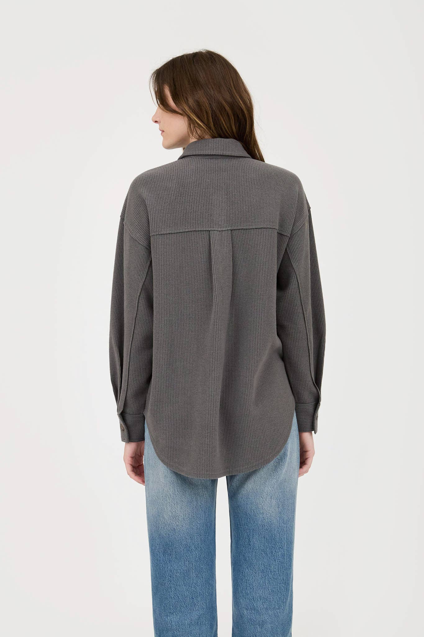 Blu Pepper Rib Knit Button-Up Top with Exposed Seams