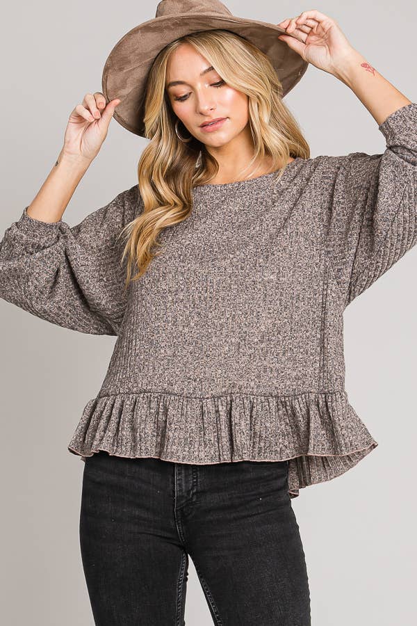 Ruffle Hem Brushed Rib Knit Long Sleeve Sweater