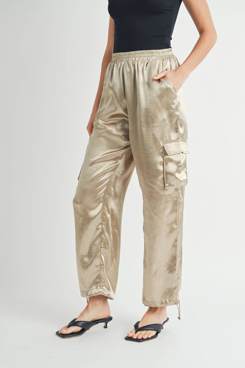 Gold Satin Cargo Pants with Adjustable Drawstring Hem where them clinched or open 