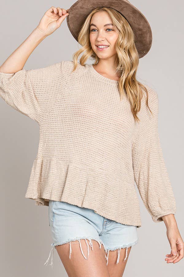 Peplum Soft Waffle Knit Top with Bracelet Sleeves