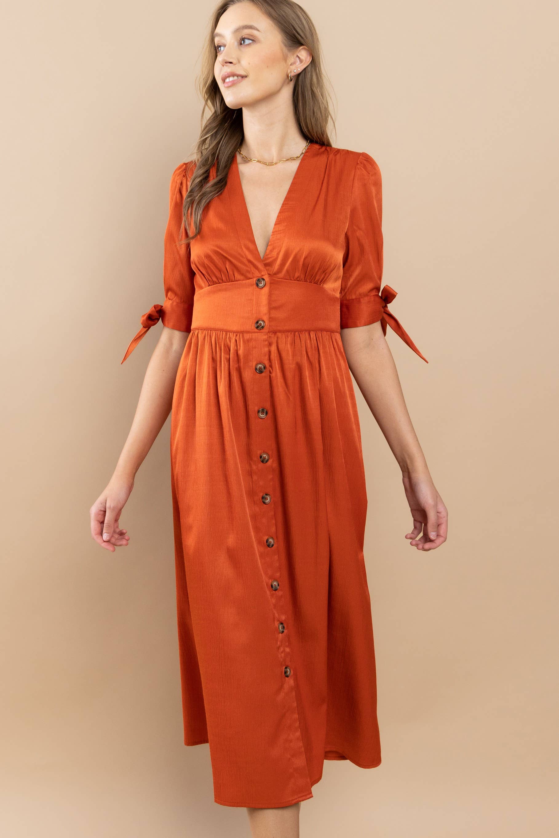 Button-Front Midi Dress with Tie Sleeves