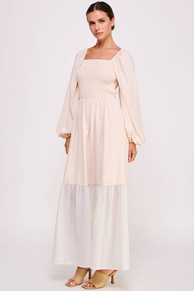 Blush Smocked Long Sleeve Maxi Dress with Shimmer Hem
