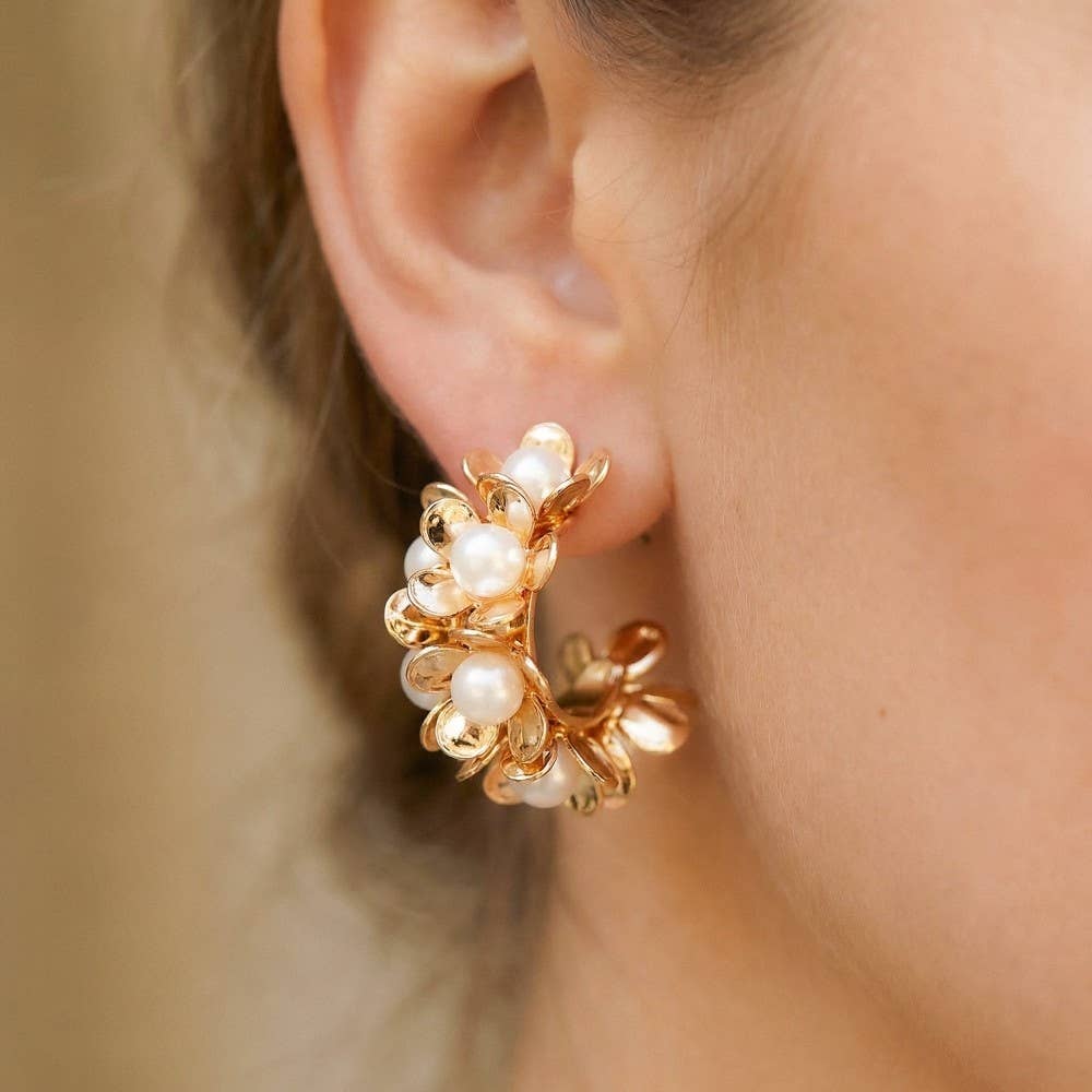 Beaded Flower Hoop Statement Earrings